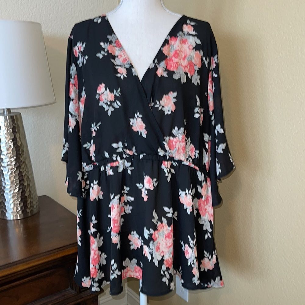 Torrid Black and Pink floral Cross Front Peplum Blouse Top 3X